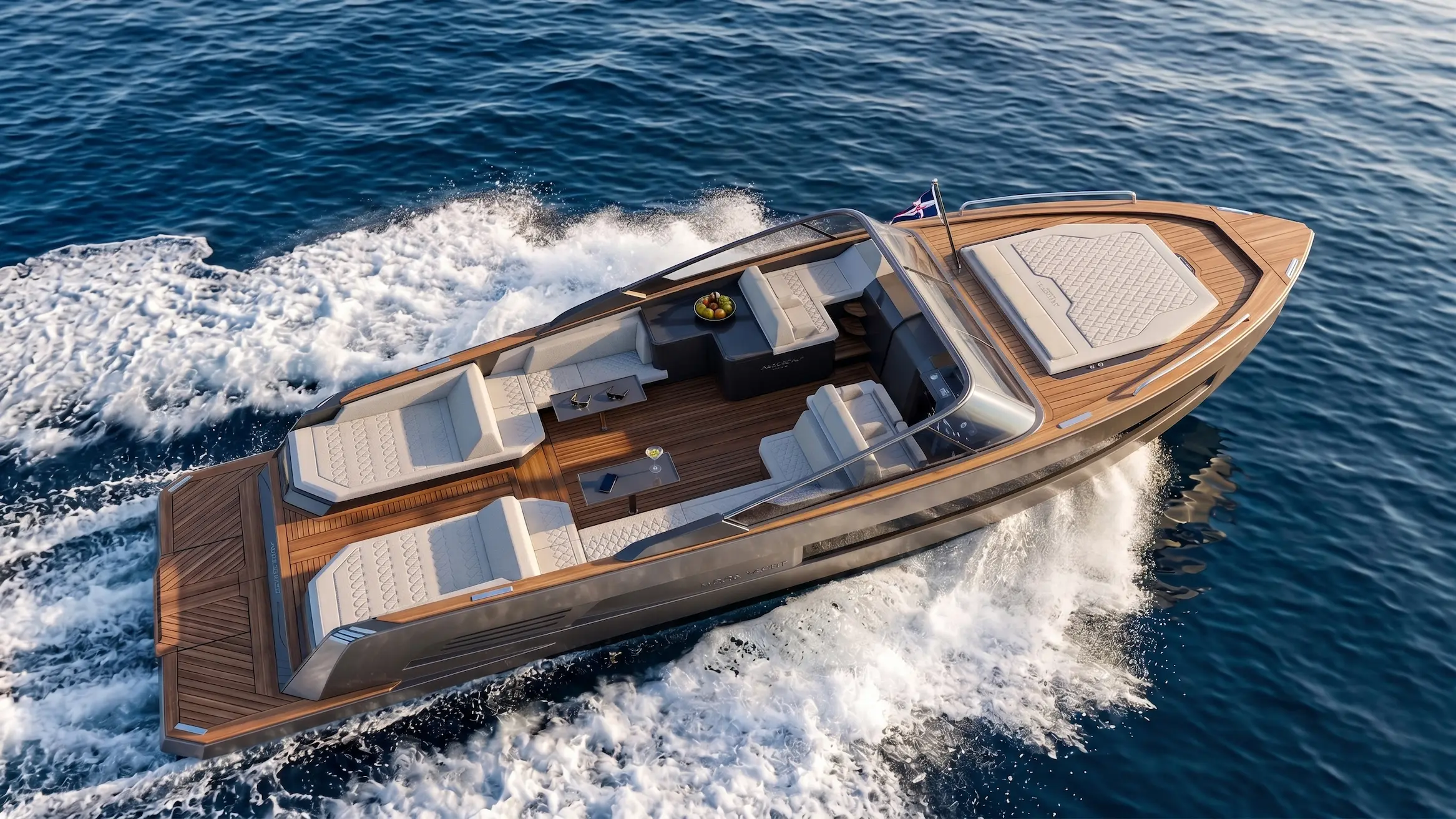 MOON MB motor yacht - aerial view, design by DRAFTXL