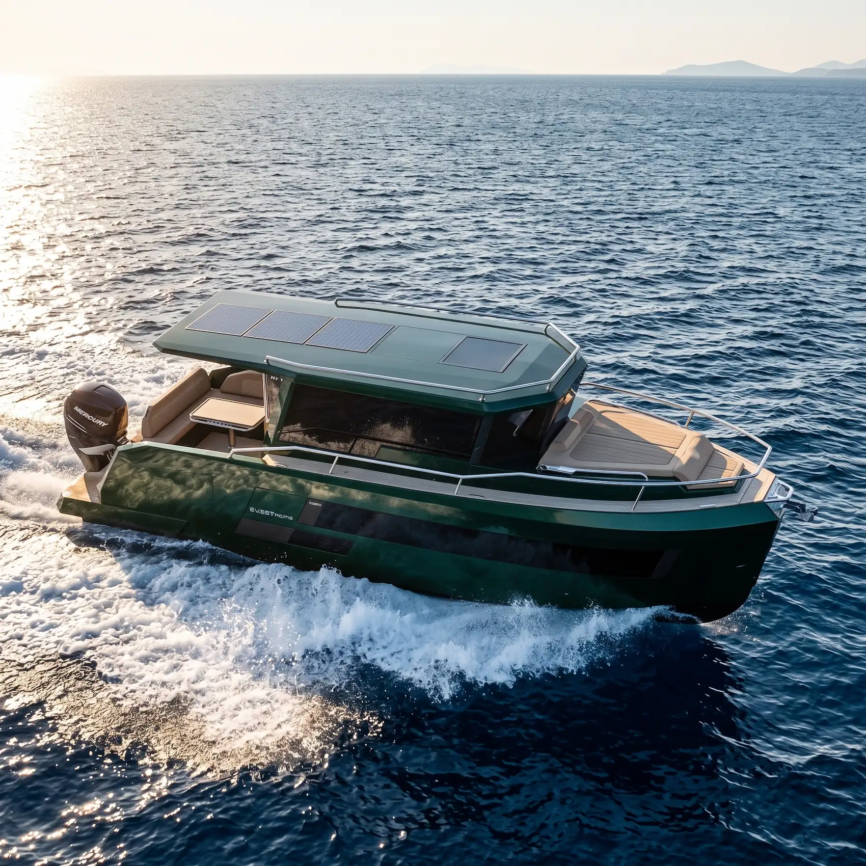 QUEST 30 motorboat under way, design by DRAFTXL